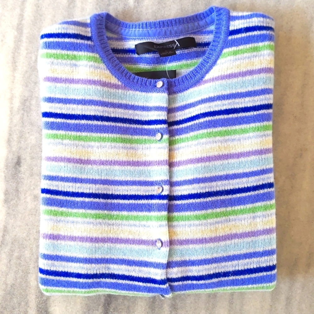NWT. Express Woman's 100% Lambswool cardigan sweater with crystal buttons/stripe